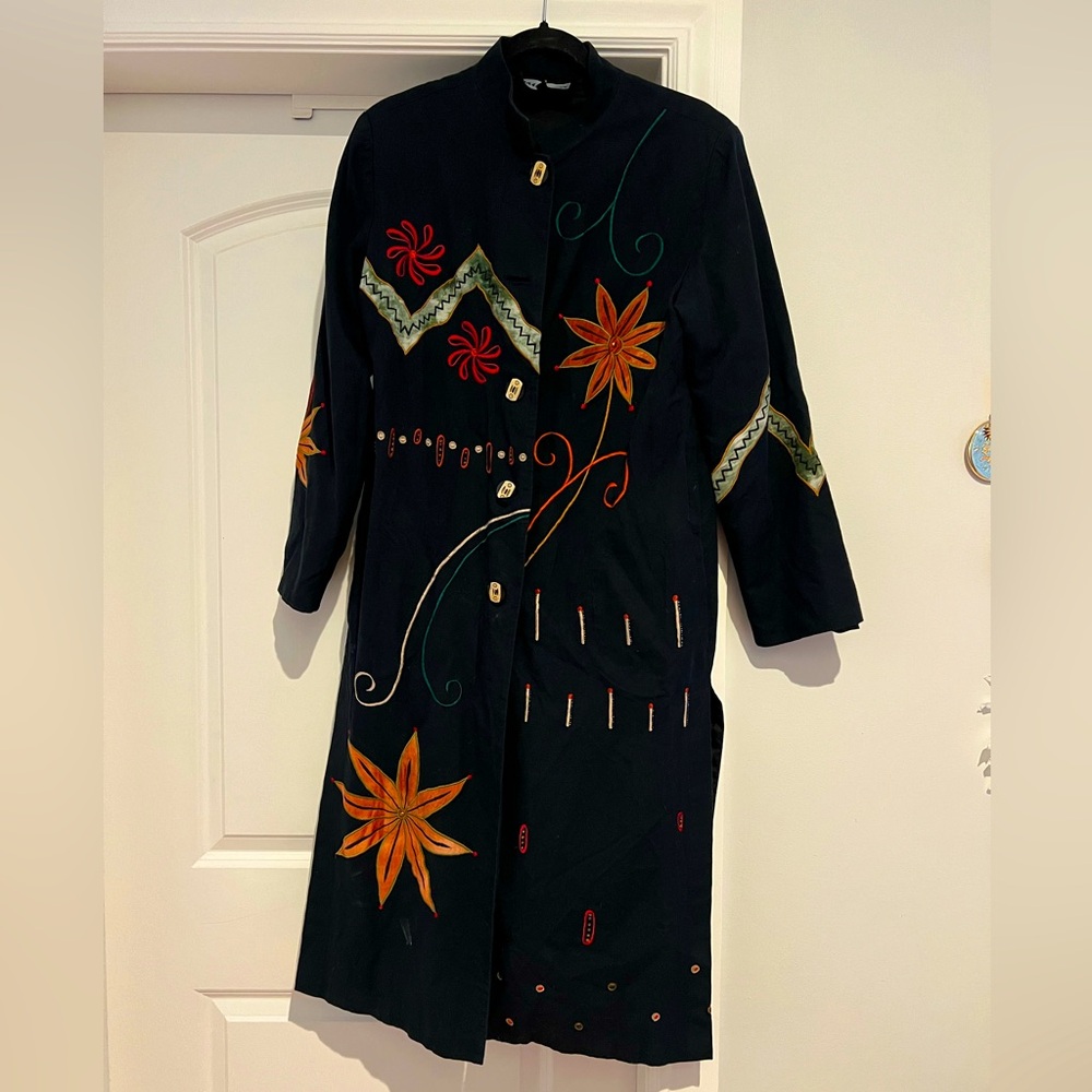 Indigo Black Trench Coat with Colorful Embroidery